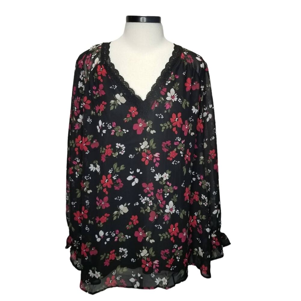 Lane Bryant Blouse womens 24 Black Red Floral Swing Tunic Plus Size